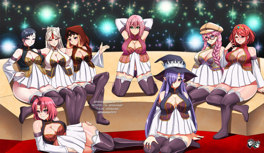 6+girls 8girls big_breasts black_hair blonde_hair blue_eyes braid braided_hair breasts cleavage cow_girl_(goblin_slayer) crossover devil_survivor_2 emma_millstein estellise_sidos_heurassein fatima_(luminous_arc) female female_only fumi_kanno genshin_impact glasses goblin_slayer green_eyes grey_hair harem hat huge_breasts jadenkaiba kanno_fumi large_breasts looking_at_viewer luminous_arc megami_tensei ningguang_(genshin_impact) odin_sphere panties pink_hair pointy_ears pregnant purple_hair pyra red_eyes red_hair smile star stockings tales_of_(series) tales_of_vesperia the_legend_of_heroes thick_thighs velvet_(odin_sphere) white_hair xenoblade_(series) xenoblade_chronicles_2