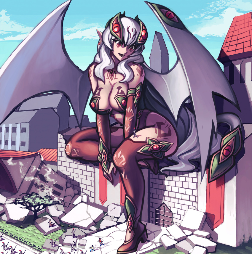 1girls castle cleavage commission demon_girl demon_horns demon_wings druella gareit0 giantess lilim_(monster_girl_encyclopedia) monster_girl monster_girl_encyclopedia source_request succubus tagme thick_thighs