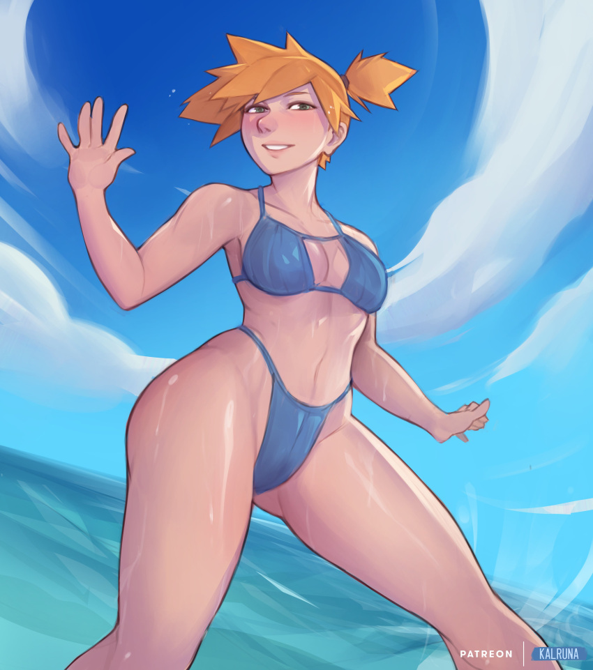 1girls 2d bikini blue_bikini blush breasts clothed clothing female female_focus female_only female_solo green_eyes hair_tie highres kalruna kasumi_(pokemon) misty_(pokemon) nintendo orange_hair pokemon short_hair solo solo_female tagme thick_thighs thighs water white_skin