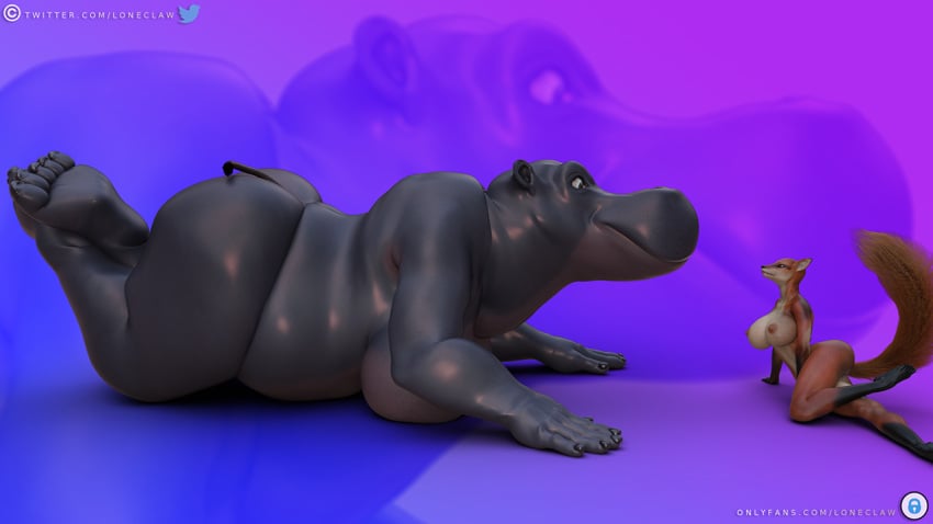 16:9 anthro ass belly big_breasts big_butt breasts canid canine common_hippopotamus daz3d daz_3d daz_studio female female/female fox group hippopotamid huge_breasts huge_butt huge_thighs jasmine_(loneclaw) larger_female loneclaw looking_at_another lying lying_on_breasts lying_on_ground mammal neck_bulge on_front oral_vore red_fox size_difference smaller_female smile stomach_bulge swallowed swallowing thick_thighs vore wide_hips widescreen willing_vore yuri