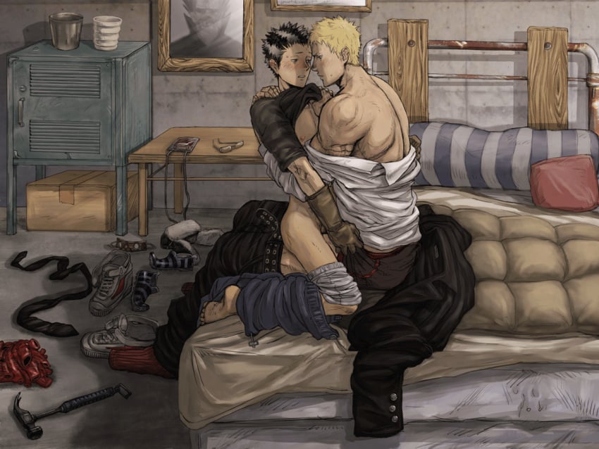 2boys aomushiko dorohedoro fujita gay imminent_sex male_only on_bed on_lap partially_clothed shin_(dorohedoro) straddling undressing yaoi