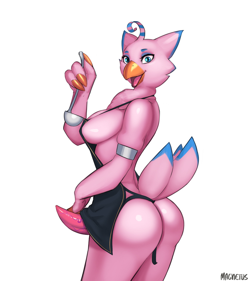 2021 anthro ass biyomon breasts digimon digimon_(species) erection feathers futa futanari genitals gynomorph hi_res intersex kitchen_utensils ladle looking_at_viewer magnetus open_mouth open_smile penis pink_body pink_feathers side_boob smile solo tapering_penis tools