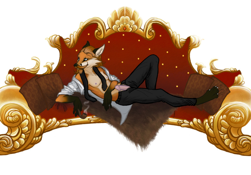 anthro blue_eyes canid canine clothes clothing crowsfire facial_hair fox fur furniture furry genitals gentleman goatee hi_res lucient male male/male mammal moustache penis pinup pose red_body red_fur royalty rugs sofa solo suggestive