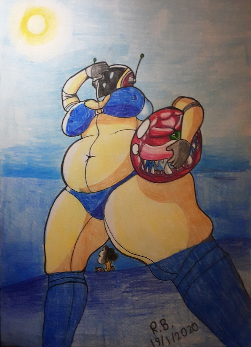 2girls artist_request beach beach_ball belly breasts cacodemon chubby doom multiple_girls ocean original_artwork original_character retrobrush robot robot_girl smile thick_thighs thighs traditional_media_(artwork) water