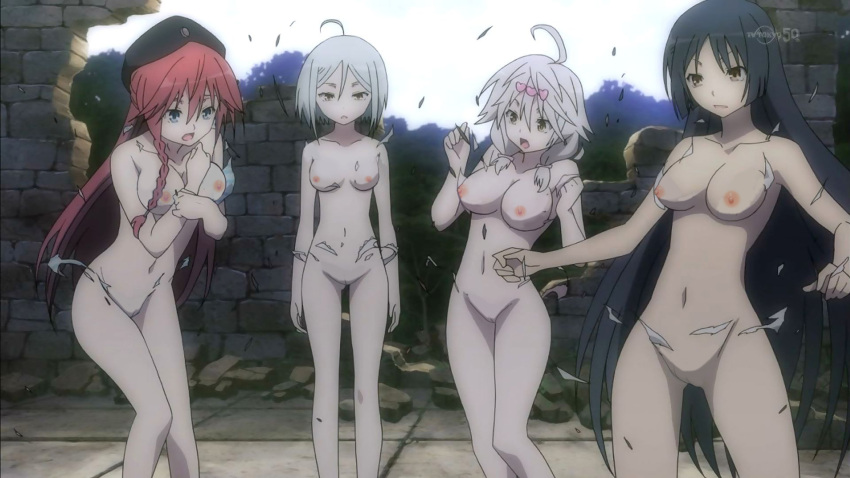 16:9_aspect_ratio 4girls asami_lilith destroyed_clothing fudou_akio_(trinity_seven) high_resolution kannazuki_arin kurata_yui multiple_girls nipples nude_filter outdoor_nudity outdoors outside third-party_edit trinity_seven uncensored vagina