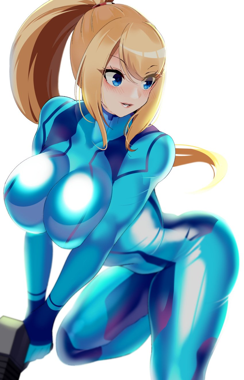 1girls blonde_hair bodysuit breasts female large_breasts metroid nintendo png samus_aran volyz white_background zero_suit zero_suit_samus