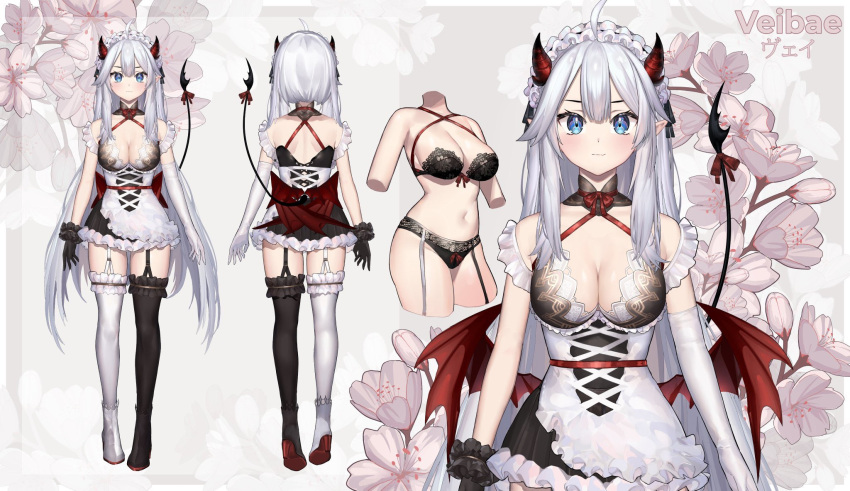 cleavage demon_horns demon_tail demon_wings lingerie long_hair maid neonbeat reference_sheet succubus underwear veibae virtual_youtuber vshojo white_hair zettai_ryouiki