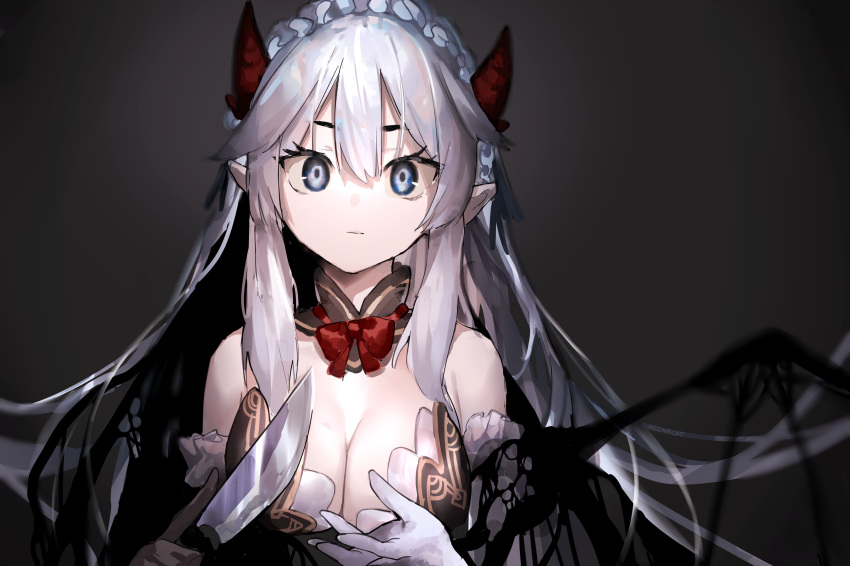 cleavage demon_horns demon_wings indie_virtual_youtuber knife long_hair maid neonbeat succubus threatening threatening_viewer veibae virtual_youtuber vshojo white_hair