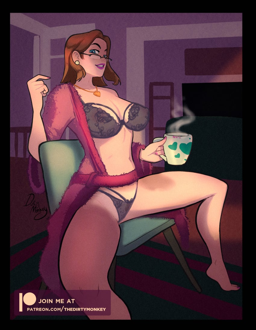 bedroom black_bra black_panties blue_eyes bra breasts brown_hair clothing female female_only glasses lace long_hair matching_underwear milf mother panties pendant pubic_hair robe sarah_sweet solo solo_female spread_legs tea tea_cup thedirtymonkey