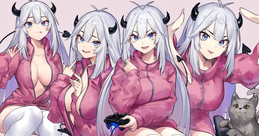 cleavage controller demon_horns feline flipping_off gamepad long_hair neonbeat ps4_controller succubus v_sign veibae virtual_youtuber vshojo white_hair