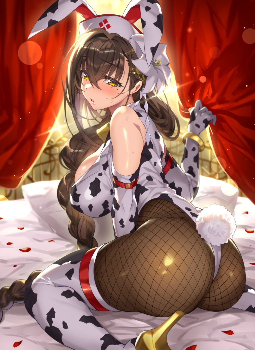 1girls ass beauty_mark big_ass big_breasts big_butt blush braid brown_hair bunny_ears bunny_tail bunnysuit butt dat_ass elbow_gloves fake_animal_ears female female_only fishnet_pantyhose fishnets gan_(shanimuni) gloves kanpani_girls large_breasts leotard looking_at_viewer looking_back mole mole_under_eye pantyhose shirayuri_sakura solo solo_female thick thick_ass thighhighs voluptuous yellow_eyes