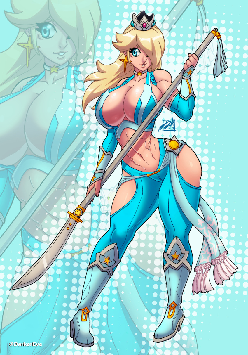 1girls abs big_breasts blonde_hair blue_eyes blue_sash boots crown darkereve high_heel_boots high_heels light_blue_sash long_blonde_hair long_hair mario_(series) naginata nintendo princess_rosalina sash scarf shoes silver_crown solo spear star_earrings tagme warrior