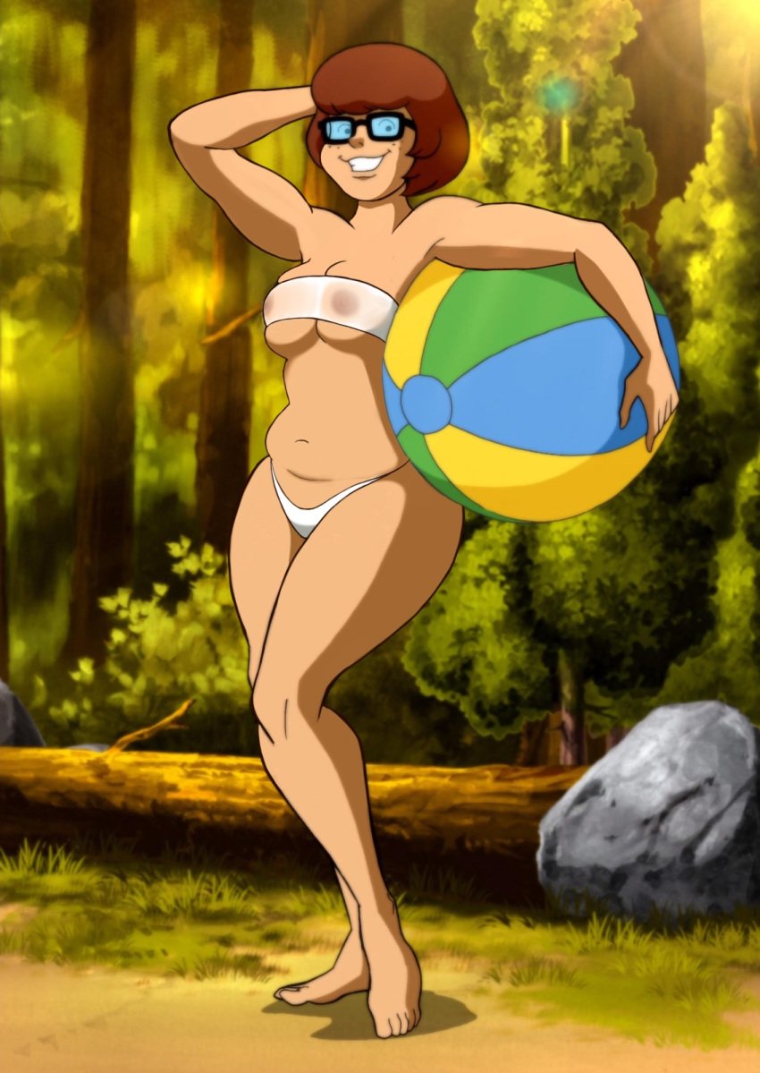 alternate_version_available beach_ball belly bikini breasts camp_scare cleavage edit glasses hand_on_head huge_breasts looking_at_viewer scooby-doo scooby-doo!_camp_scare screenshot_edit see-through short_hair square_glasses tight_clothes underboob velma_dinkley