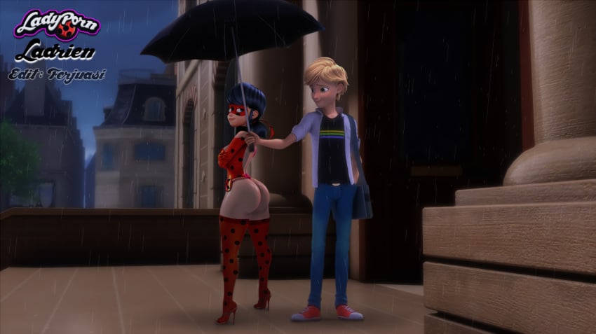 1boy adrien_agreste adrienette alternate_breast_size alternate_costume ass bedroom_eyes big_ass blonde_hair blue_eyes blue_hair canon canon_couple couple curvy ferjuasi green_eyes high_heels huge_ass ladybug_(character) leggings male marinette_cheng marinette_dupain-cheng miraculous_ladybug rain smirk thick_thighs twintails umbrella