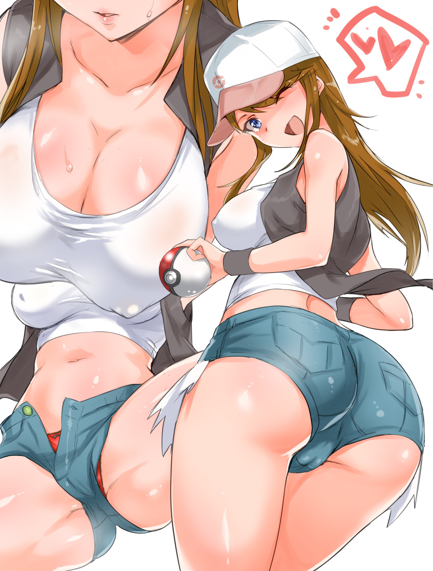 1girls ass big_ass big_breasts blue_eyes brown_hair cosplay echihiro eye_contact female hat hilda_(pokemon)_(cosplay) holding_object holding_poke_ball huge_breasts idolmaster large_breasts long_hair looking_at_viewer looking_back minishorts nintendo open_mouth panties pokeball pokemon pokemon_bw shorts solo standing the_idolm@ster_million_live! thick_thighs thighs tokoro_megumi