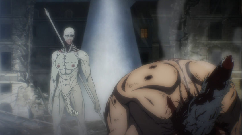 1boy 1futa attack_on_titan attack_titan battle bent_penis big_penis blood breasts building city destroyed_city destruction drawn edit eren_jaeger fight futanari gore huge_cock lara_tybur looking_at_another muscular_futanari nipples penis screencap shingeki_no_kyojin spear spikes standing stare veiny_penis warhammer_titan white_body white_penis white_skin