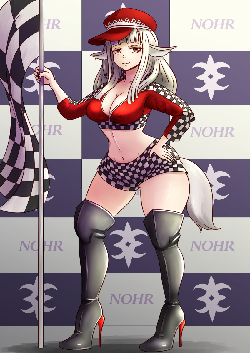 1girls bare_midriff big_breasts checkered_flag cleavage fire_emblem fire_emblem_fates grey_hair high_heels looking_at_viewer medium_hair multicolored_hair nintendo race_queen smile solo solo_female tail thick_thighs velouria_(fire_emblem) wide_hips willanator wolf_girl zipper