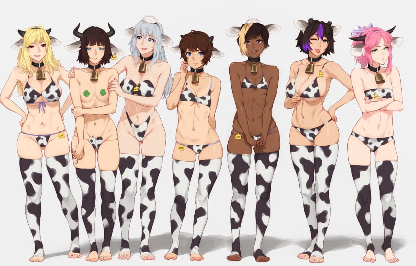 7girls barely_visible_genitalia barely_visible_pussy bell bell_collar belly belly_button big_breasts blonde_hair blue_eyes bra breasts brown_eyes brown_hair brunette clara_(feguimel) clothed clothing clover covered_breasts covered_nipples covering cow_girl cow_print dark-skinned_female dark_hair dark_skin feguimel female female_focus female_only four-leaf_clover four_leaf_clover green_eyes grey_eyes karina_(feguimel) lingerie long_hair looking_at_viewer medium_breasts medium_hair miranda_(feguimel) mugis-pie original original_character original_characters panties partially_clothed pink_hair purple_eyes purple_hair red_eyes short_hair small_breasts stockings topwear underwear very_short_hair yellow_hair