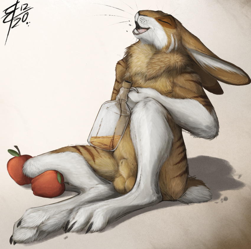 anatomically_correct anatomically_correct_genitalia animal_genitalia anthro apple attached_sheath balls bottle brown_body brown_fur cider claws closed_eyes food fruit fully_sheathed fur furry genitals hare hi_res lagomorph leporid lizet long_ears male mammal nude plant relaxing sheath short_tail sitting smile solo whiskers