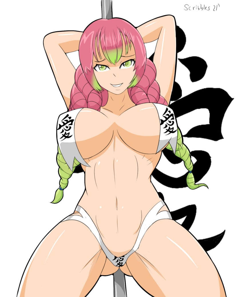 big_breasts breasts demon demon_slayer female kanji kanroji_mitsuri kimetsu_no_yaiba pink_hair pinup scribbleshentai slayer solo stripper_pole