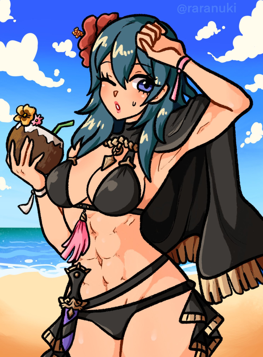 1girls abs alternate_costume arm_up armpits beach bikini black_bikini black_swimsuit blue_eyes blue_hair byleth_(female)_(summer)_(fire_emblem) byleth_(fire_emblem) byleth_(fire_emblem)_(female) cape coconut coconut_drink fire_emblem fire_emblem:_three_houses fire_emblem_heroes flower hair_flower large_breasts medium_hair nintendo ocean one_eye_closed outdoors raranuki red_flower solo sweat sweatdrop swimsuit teal_hair