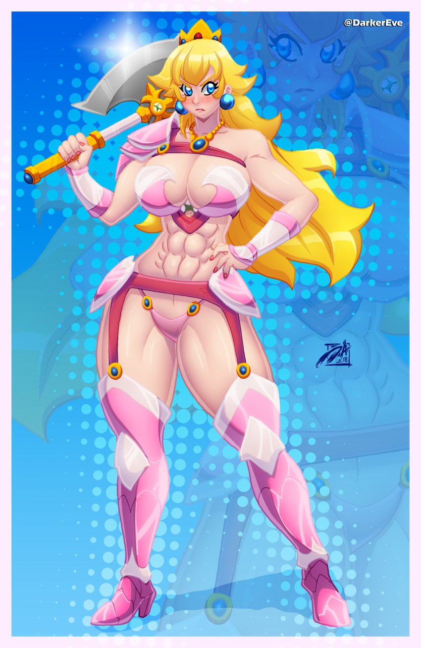 abs alternate_breast_size axe ball_earrings bikini_armor blonde_hair blue_eyes crown darkereve gold_crown golden_crown high_heel_boots high_heels long_boots long_hair mario_(series) metal_bikini metal_boots nintendo pink_outfit princess_peach solo tagme thigh_boots thighhighs