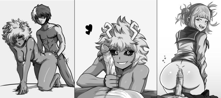 3girls 3panels ass black_and_white black_sclera blush breasts cum cum_in_ass doggy_style greyscale handjob heart himiko_toga mina_ashido muscular muscular_male my_hero_academia penetration penis precum shirt_only shouto_todoroki skuddbutt tagme x-ray