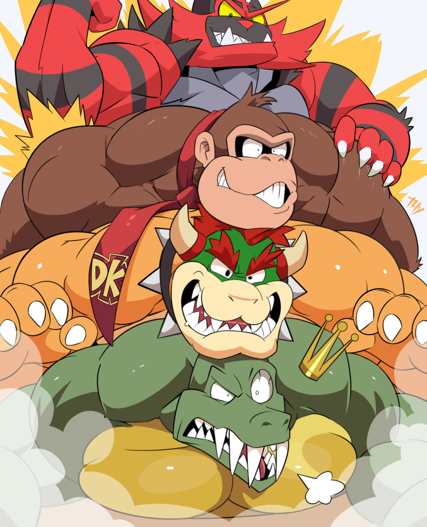 4boys anthro ape bara bowser breath brown_hair crocodile crocodilian crocodylid crossover crown donkey_kong donkey_kong_(series) flexing foursome furry gay gorilla horns incineroar k_rool kong koopa kremling looking_down male male_only mario_(series) multiple_boys nintendo nude open_mouth pokémon_(species) pokemon red_hair scalie sex sharp_teeth shocked_expression smiling steam steamy super_smash_bros. thy_carker thymilph tie tiger