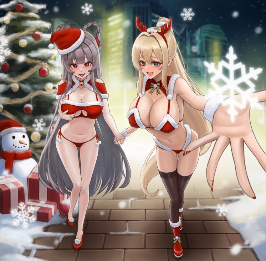 2girls absurd_res bangs bell big_breasts bikini black_legwear blonde_hair blush boots breasts building carrot_nose christmas christmas_bikini christmas_outfit christmas_present christmas_tree cleavage cleavage_cutout commonalty880 dark_skin detached_collar eyebrows_visible_through_hair fangs female female_only goddess_of_victory:_nikke green_eyes gyaru hair_intakes hair_loopies hair_ribbon heels holding_hands legwear light-skinned_female long_hair looking_at_viewer nails navel open_mouth outdoors painted_nails ponytail presents reaching_out reaching_towards_viewer red_eyes red_heels reindeer_antlers ribbon rupee_(nikke) santa_hat sidelocks snow snowflake snowman thigh_gap thighhighs thighs tongue tongue_out tree yan_(nikke)