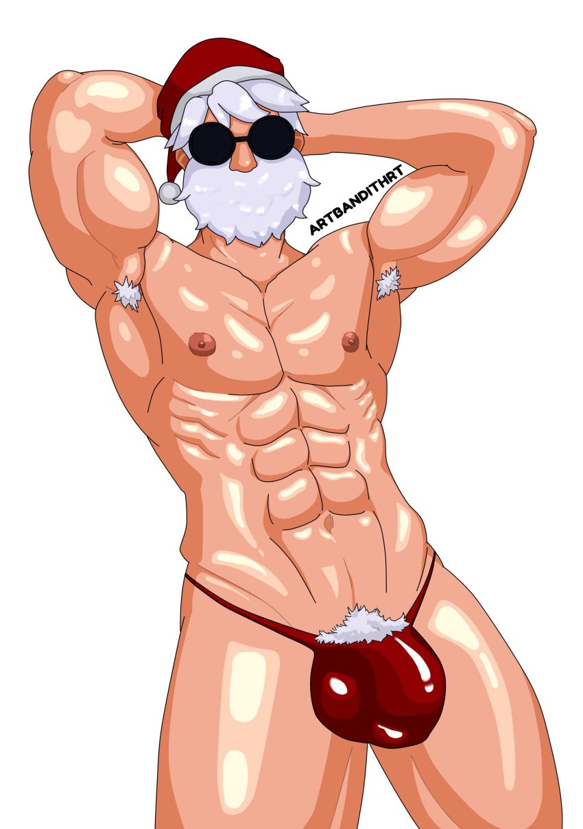 bandithrt beard big_balls big_bulge big_penis bulge free_fire gay glasses hairy_armpits hairy_balls hairy_male hairy_penis insano male male_only muscle muscles muscular muscular_male red_thong santa santa_claus santa_costume santa_hat solo solo_male thong white_hair