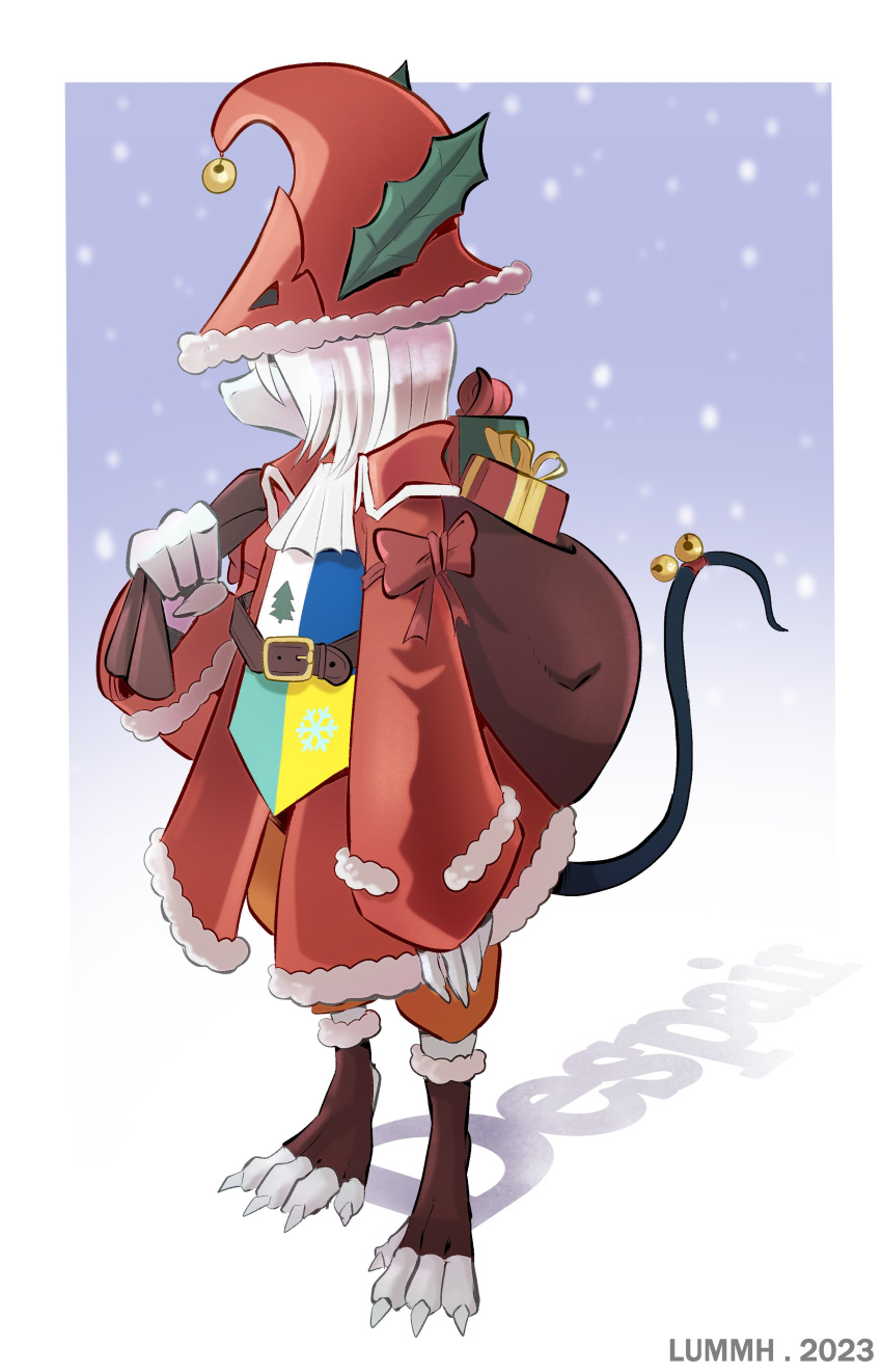 4_fingers 4_toes anthro christmas christmas_present clothed clothing english_text female final_fantasy final_fantasy_ix freya_crescent hi_res highres long_tail lummh rodent santa_bag santa_costume simple_background solo square_enix white_fur white_hair