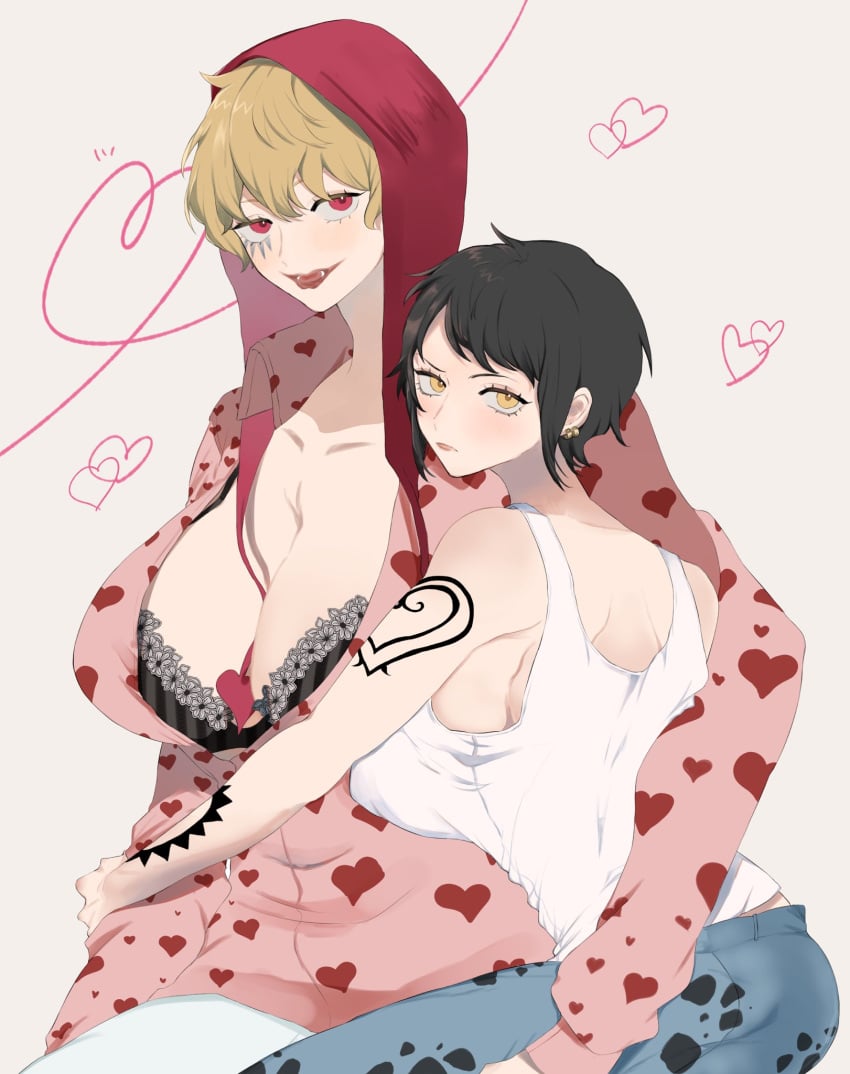 2girls 5_toge big_breasts black_bra black_hair blonde_hair bra_cups_sticking_out chullo cleavage coif donquixote_rosinante embrace female female_only fully_clothed genderswap_(mtf) hat headwear hug huge_breasts lace-trimmed_bra lipstick looking_at_viewer looking_back makeup one_piece red_eyes rule_63 short_hair sideboob tank_top trafalgar_law very_short_hair yellow_eyes yuri