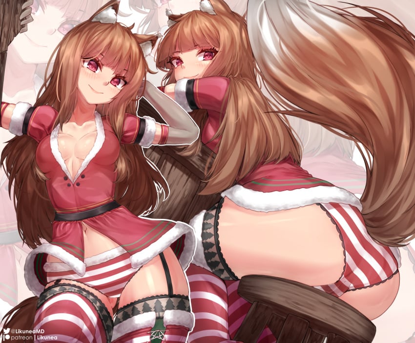 animal_ear_fluff animal_ears anus arm_support ass black_thighhighs blue_clothing blue_dress brown_hair butt_focus christmas clothed clothing clothing_lift dress dress_lift female genitals hair hi_res holo lace-trimmed_thighhighs leaning leaning_forward legwear likunea long_hair long_sleeves looking_at_viewer looking_back mouth_closed patreon_username pussy red_dress red_eyes smile solo spice_and_wolf striped_panties tail thigh_highs twitter_username upskirt wolf_ears wolf_girl wolf_tail xmas