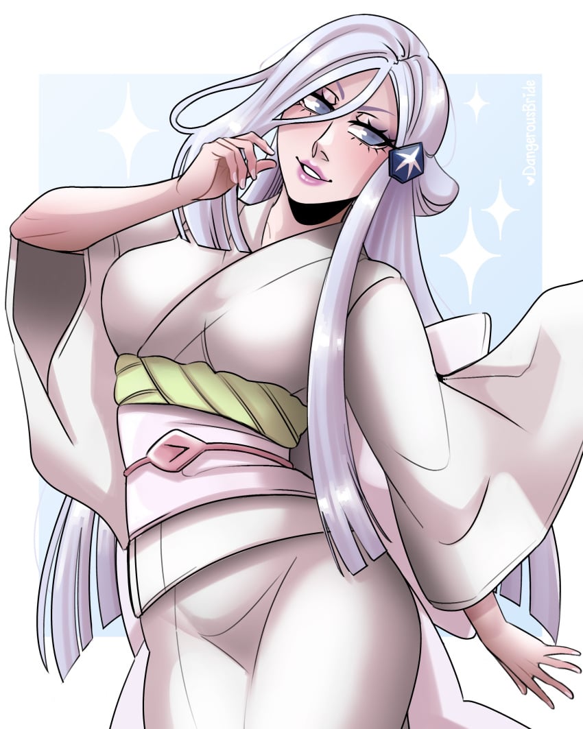 1girls bleach blue_eyes dangerousbride female female_only japanese_clothes kimono long_hair looking_at_viewer pale-skinned_female pink_lips smiling smiling_at_viewer sode_no_shirayuki solo very_high_resolution white_hair