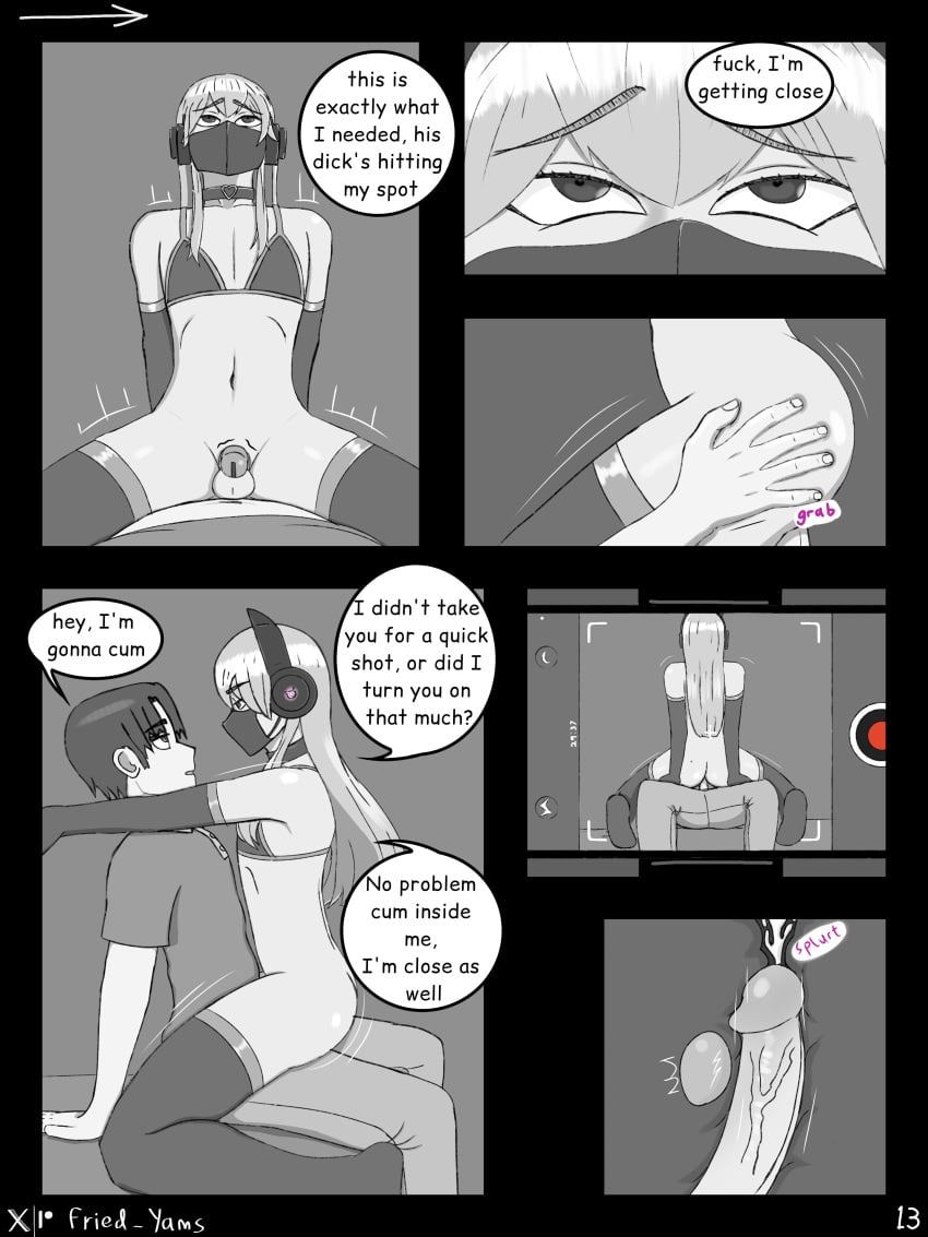 2boys chastity chastity_cage chastity_device choker comic_page crossdressing_male cum_inside ear english_text feline femboy gay girly headphones heart_choker male male_only mask masked_male recording stockings sweetpotat0 text text_bubble trap yaoi