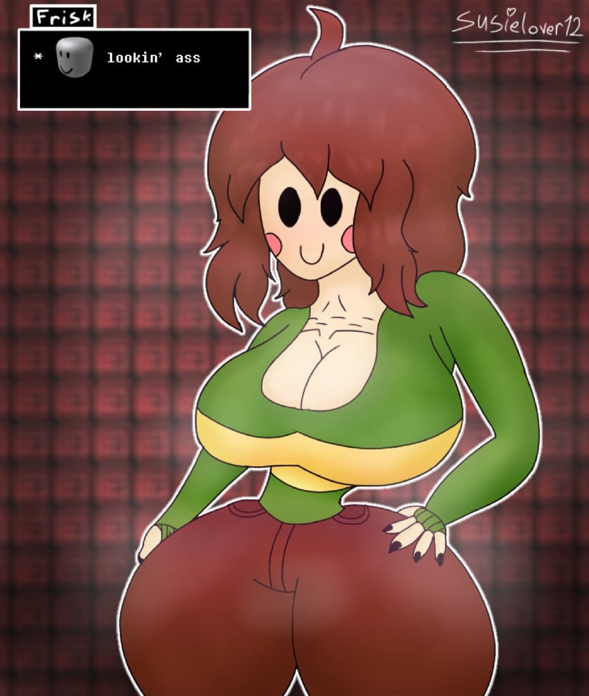 1boy 1boy1girl 1girls 2023 2d 2d_(artwork) bimbo bimbo_body black_nails blush breasts_bigger_than_head breasts_bigger_than_torso brown_hair brown_pants chara chara_(undertale) chara_dreemurr frisk green_shirt green_sweater huge_ass huge_breasts huge_thighs human jeans offscreen_character offscreen_male pink_cheeks roblox short_hair small_waist susielover12_(artist) toby_fox tomboy undertale undertale_(series) undertale_au undertale_fanfiction