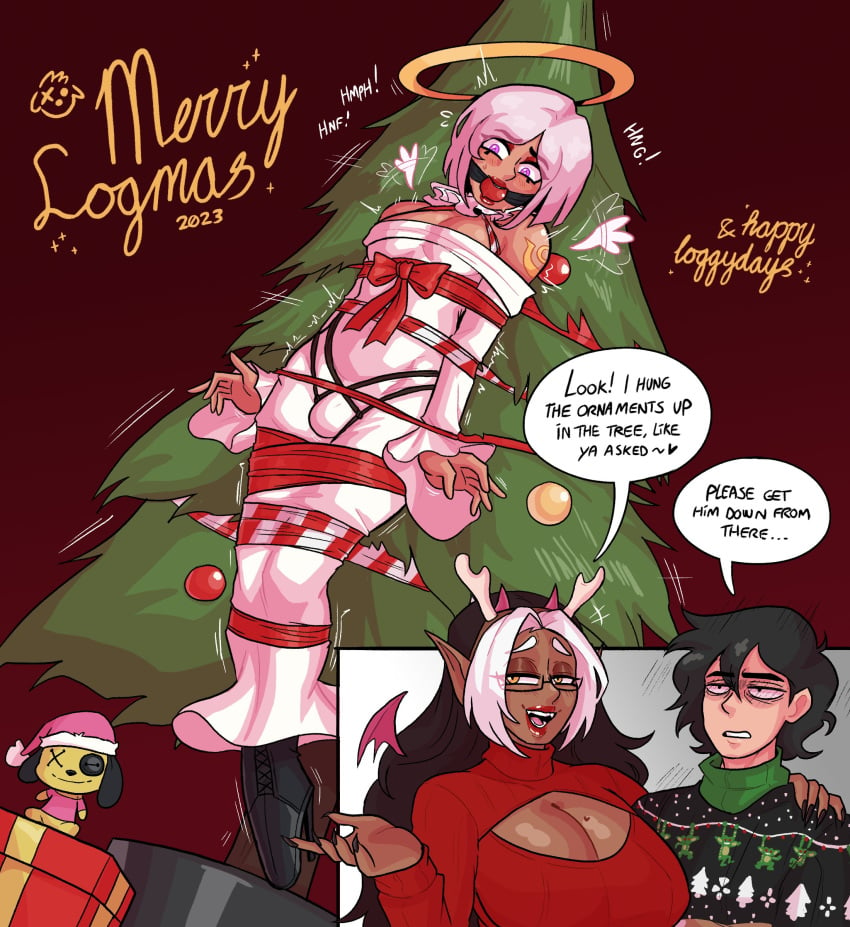 1girls 2boys ambush_(trap) angel angel_boy anhel_(loggus_doggus) ball_gag big_breasts black_hair bound bulge charlie_(loggus_doggus) christmas christmas_tree dark-skinned_female dark_skin demon demon_girl dialogue english_text female femboy gagged girly halo hi_res human koni_(loggus_doggus) light-skinned_male light_skin loggus_doggus long_hair male merry_christmas purple_eyes purple_hair speech_bubble two_tone_hair white_hair