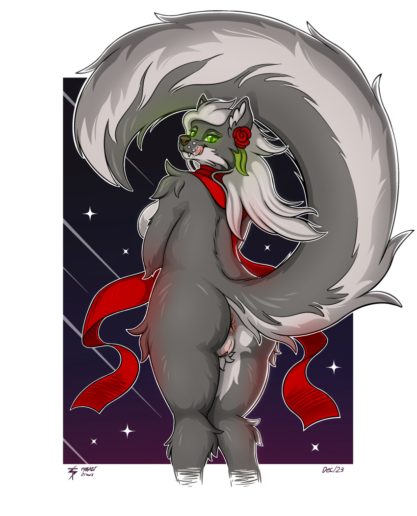 2023 absurd_res anthro anus ass canid canine canis female fluffy fluffy_tail fur genitals glowing glowing_eyes green_eyes grey_body grey_fur hi_res licking licking_lips looking_at_viewer mammal pussy scarf simple_background solo tail tongue tongue_out tybalt_draws vulpa_(tybalt_draws) wolf