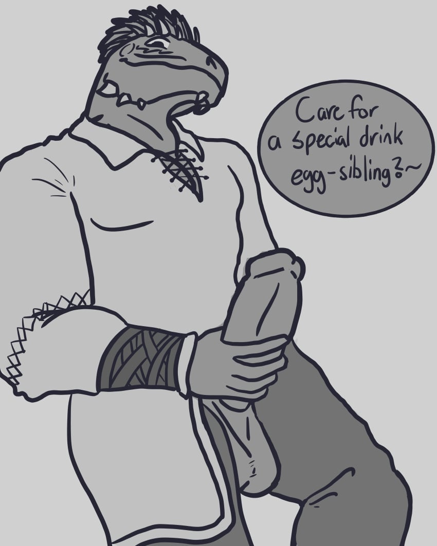 4:5 absurd_res anthro argonian balls bethesda_softworks biceps big_penis clothed clothing digital_media_(artwork) dromaeo-tsar erection genitals hi_res holding_penis horn looking_at_viewer looking_down male male_only muscular muscular_anthro muscular_male penis reptile scalie simple_background skyrim smile solo speech_bubble talen-jei text the_elder_scrolls video_games