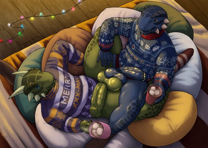 2boys anthro argonian balls balls_touching bethesda_softworks beverage blue_body blue_eyes blue_scales bottomless christmas christmas_clothing clothed clothing digital_media_(artwork) duo erection footwear foreskin gay genitals hi_res holding_object holidays horn humanoid_genitalia humanoid_penis looking_at_another male male/male male_only penis reptile scales scalie shen_(archshen) smile smiling_at_partner socks spikes tall_lizzard_(artist) the_elder_scrolls tristen