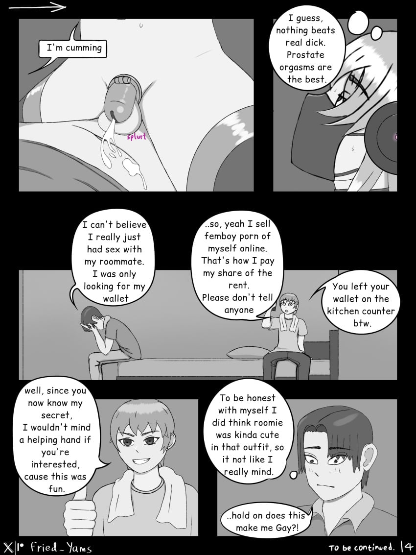 2boys chastity chastity_cage chastity_device comic_page crossdressing_male cumming_from_anal_sex english_text femboy gay girly headphones male male_only mask masked_male prostate_orgasm stockings sweetpotat0 text text_bubble trap yaoi