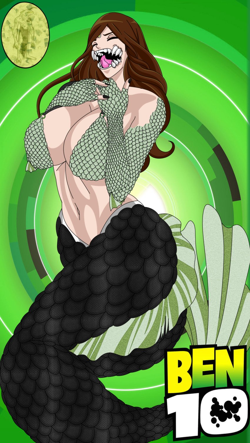 3_eyes ben_10 ben_tennyson black_lipstick chaquetrix choker female female_ben gender_transformation green_eyes long_hair male_to_female maudxie merfolk mermaid mtf_transformation multi_eye omnitrix piscciss_volann ripjaws rule_63 sharp_teeth species_transformation transformation