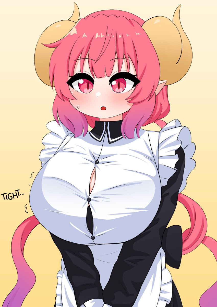 1girls alternate_version_available big_breasts blush breast_focus breasts clothing female female_only hair horns huge_breasts ilulu_(dragon_maid) large_breasts maid maid_headdress maid_uniform miss_kobayashi's_dragon_maid motion_lines pink_eyes pink_hair pointy_ears shortstack solo solo_female the_only_shoe