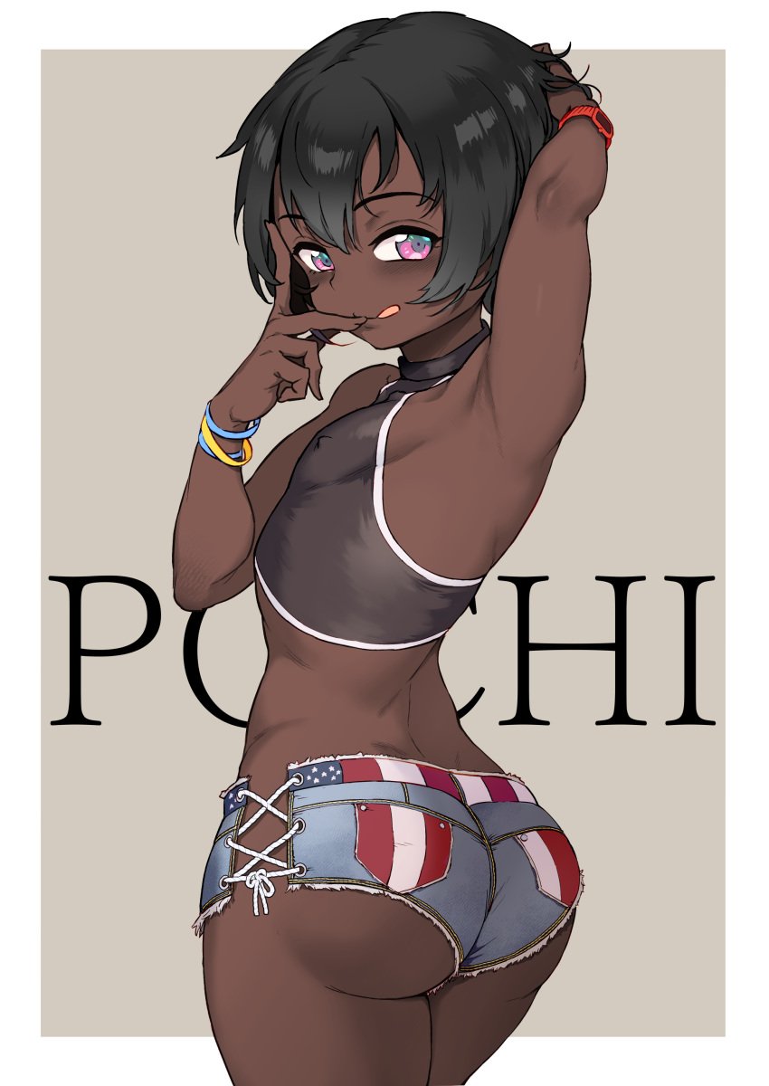 1boy :p absurdres arm_up armpits ass black_femboy black_hair blush character_name cute cutoffs dark-skinned_femboy dark-skinned_male dark_male_only dark_skin english_text femboy gluteal_fold halterneck highres jairou licking_lips looking_at_viewer looking_back male male_only original petite pochi_(jairou) short_hair short_shorts shorts side-tie_shorts skinny slim smile smiling_at_viewer solo teenager tongue tongue_out trap xil