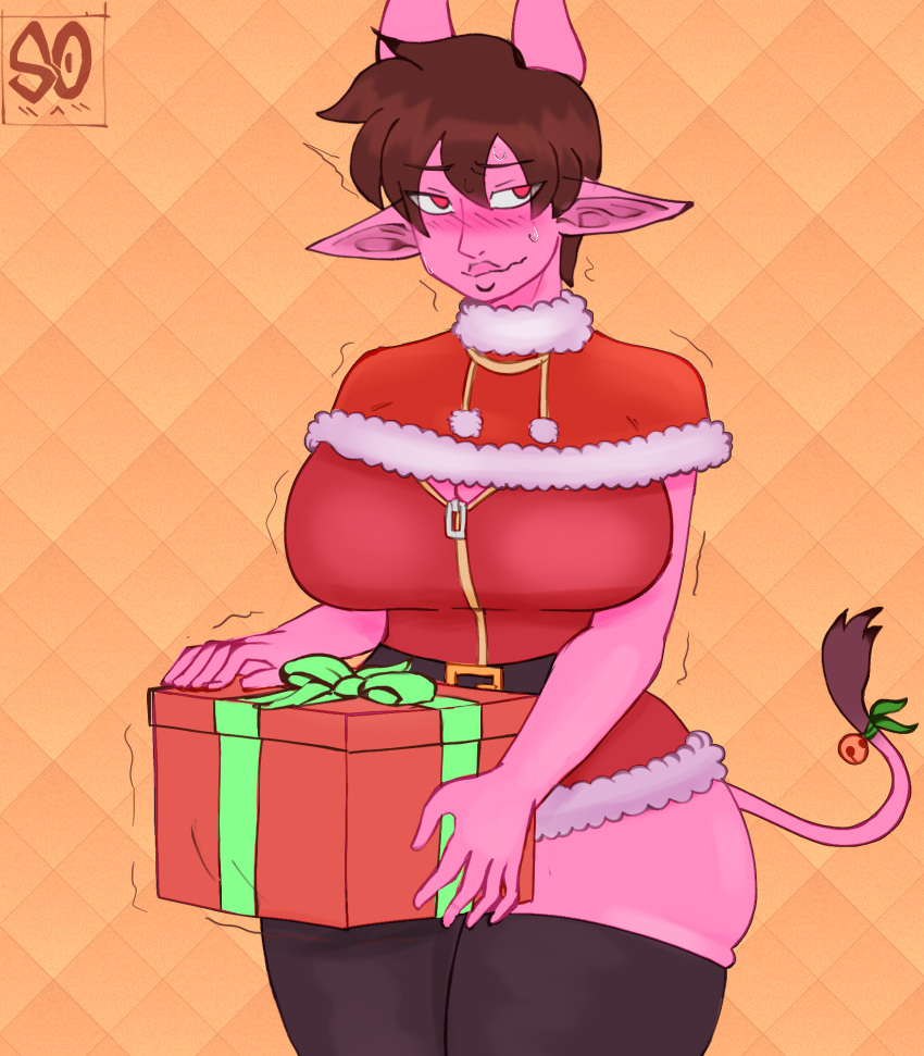 1futa 2023 big_breasts blush box breasts christmas christmas_clothing christmas_outfit clothed clothing dick_in_a_box futa_only futanari heidi_(souley) holding_object horns humanoid implied_futanari implied_penetration mostly_clothed pink_body pointy_ears present present_box self_upload solo souley69 standing tail thick_thighs thighhighs wide_hips