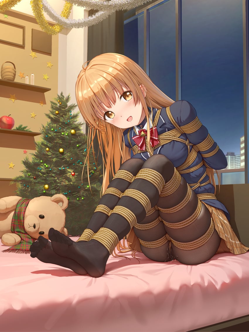 absurdres arms_behind_back bell black_collar black_pantyhose blazer blue_jacket blush bondage bound bow bowtie breasts brown_eyes christmas_tree collar commentary_request crotch_rope female full_body highres himitsu_(hi_mi_tsu_2) indoors jacket light_brown_hair long_hair looking_at_viewer medium_breasts neck_bell no_shoes open_mouth otonari_no_tenshi-sama_ni_itsu_no_mani_ka_dame_ningen_ni_sarete_ita_ken pantyhose pussy_juice red_bow red_bowtie rope saliva school_uniform shibari_over_clothes shiina_mahiru shiina_mahiru_(otonari_no_tenshi-sama) sidelocks sitting solo stuffed_animal stuffed_toy tearing_up teddy_bear variant_set window