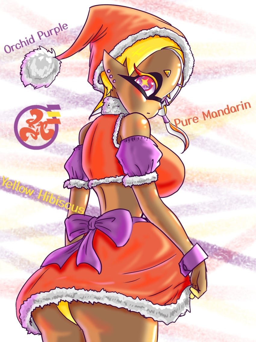 2023 alternate_costume antlers ass big_ass big_butt black_eyelashes breasts brown_body brown_skin christmas christmas_hat christmas_outfit clothing dark-skinned_female dark_skin digital_media_(artwork) dress ear_piercing frye_(splatoon) full_body full_color hat hi_res humanoid_pointy_ears looking_at_viewer looking_back looking_back_at_viewer multicolored_eyes nintendo pointy_ears pseudo_hair purple_eyes purple_ribbon santa_dress santa_hat skirt splatoon splatoon_(series) splatoon_3 t2ukmyjm yellow_eyebrows yellow_hair