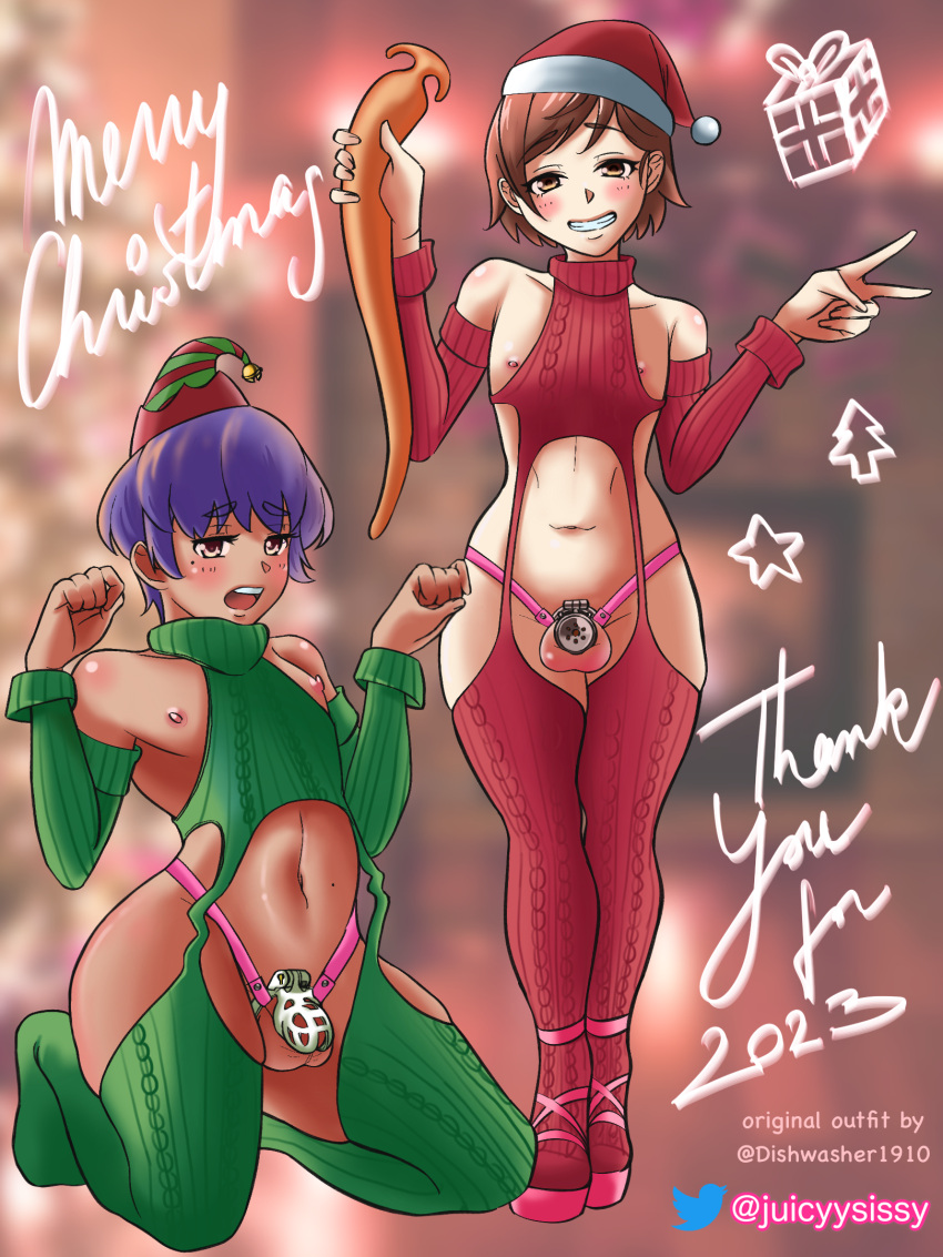 2boys brown_hair brown_skin caged_cock chastity_cage chastity_device christmas_headwear english_text femboy flat_chastity_cage juicyysissy_(artist) kneeling long_dildo nipples peace_sign pear-shaped_figure pear_shaped purple_hair sex_toy sissy small_penis sweater thighhighs virgin_destroyer_sweater yellow_eyes