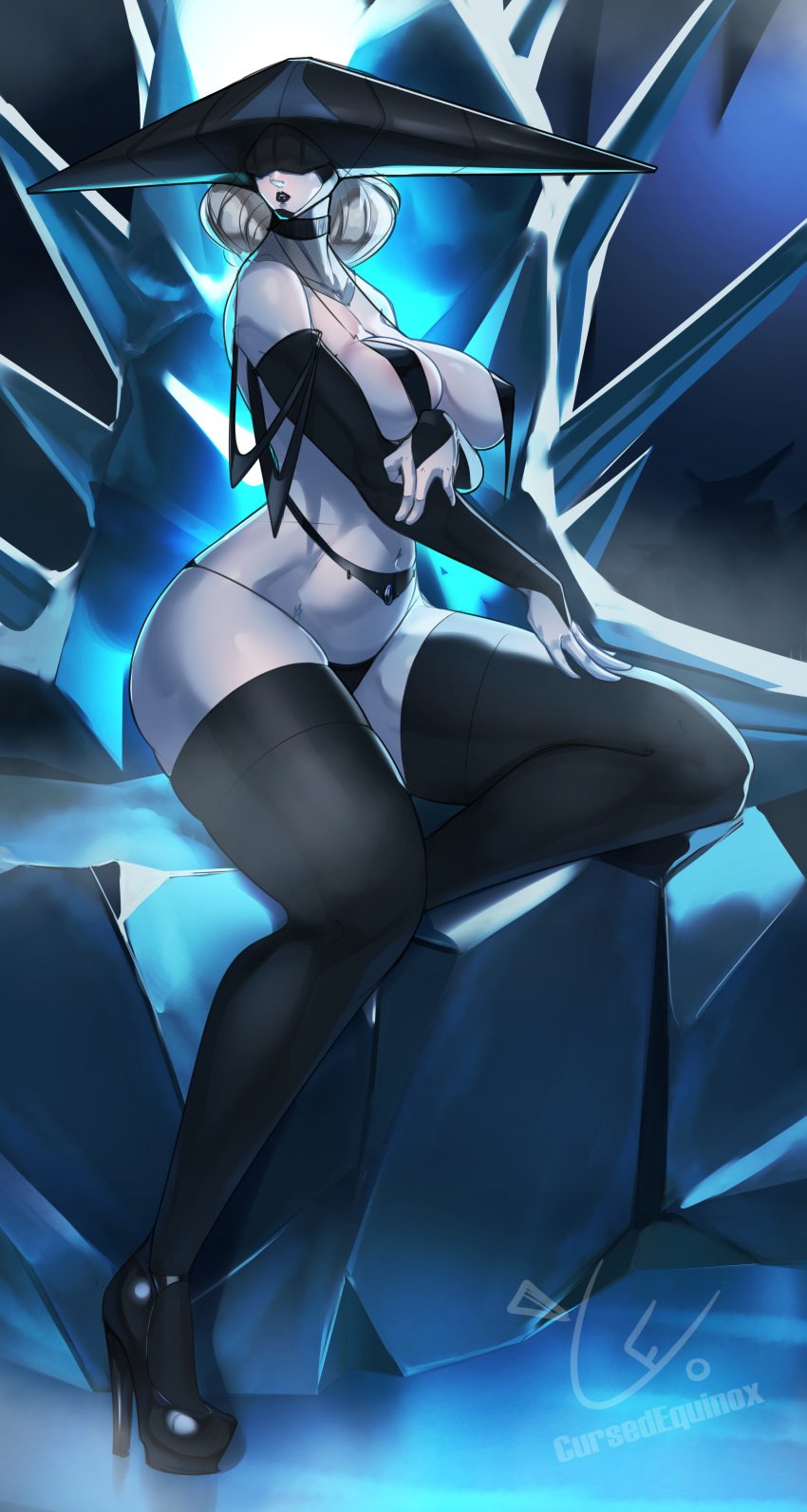 armor big_breasts blue_skin cursedequinox heels helmet high_heels ice league_of_legends lingerie lipstick lissandra milf queen riot_games stockings thick_thighs