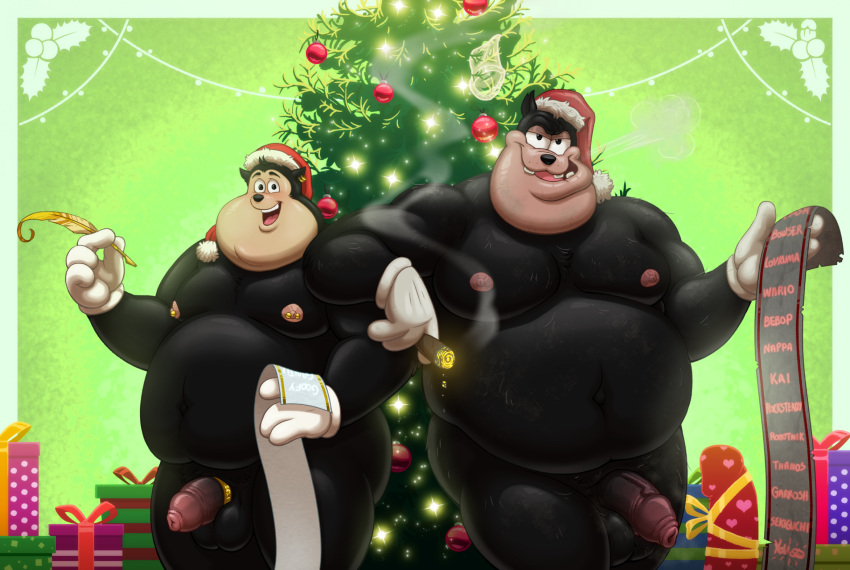 2023 accessory balls belly big_belly black_body black_fur christmas christmas_clothing christmas_headwear christmas_ornament christmas_tree cigar clothing cock_ring condom digital_media_(artwork) disney domestic_cat duo ear_piercing ear_ring fat father_(lore) father_and_child_(lore) father_and_son_(lore) felid feline felis flaccid foreskin fur genitals gift goof_troop hat hat_only headgear headgear_only headwear headwear_only hi_res holidays humanoid_genitalia humanoid_penis jewelry looking_at_viewer lovkuma male male/male male_only mammal moobs mostly_nude nipple_piercing nipples nude obese obese_male open_mouth ornament overweight overweight_male parent_(lore) parent_and_child_(lore) parent_and_son_(lore) penis penis_accessory penis_jewelry peter_pete_sr. piercing pj_(goof_troop) plant ring_piercing santa_hat sexual_barrier_device smile smoke smoking son_(lore) tree